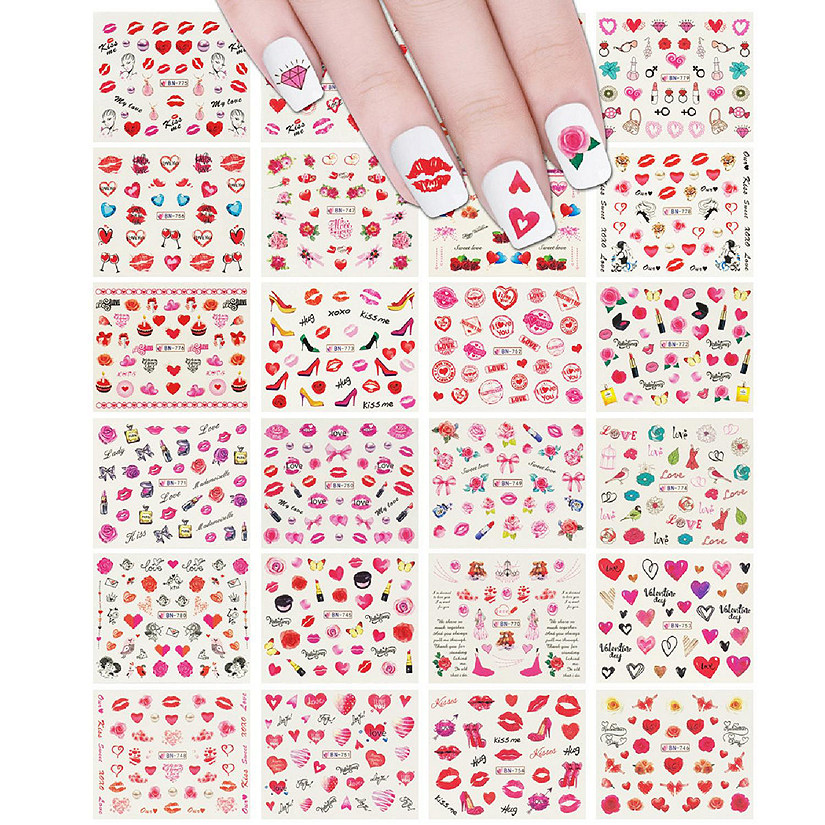 Wrapables 24 Sheets Valentine's Day Hearts & Blossoms Water Slide Nail Art Nail Decal Set Water Transfer Nail Art Sheets Image