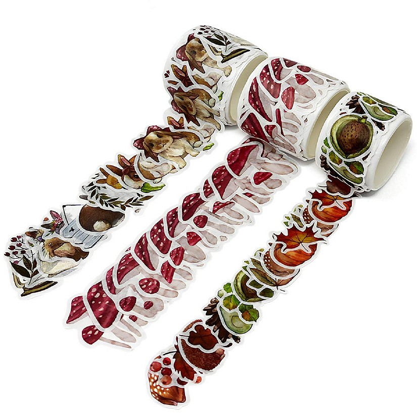 Wrapables 3 Rolls Decorative Washi Tape Stickers (300 pcs), Mushrooms, Bunnies, Autumn Image