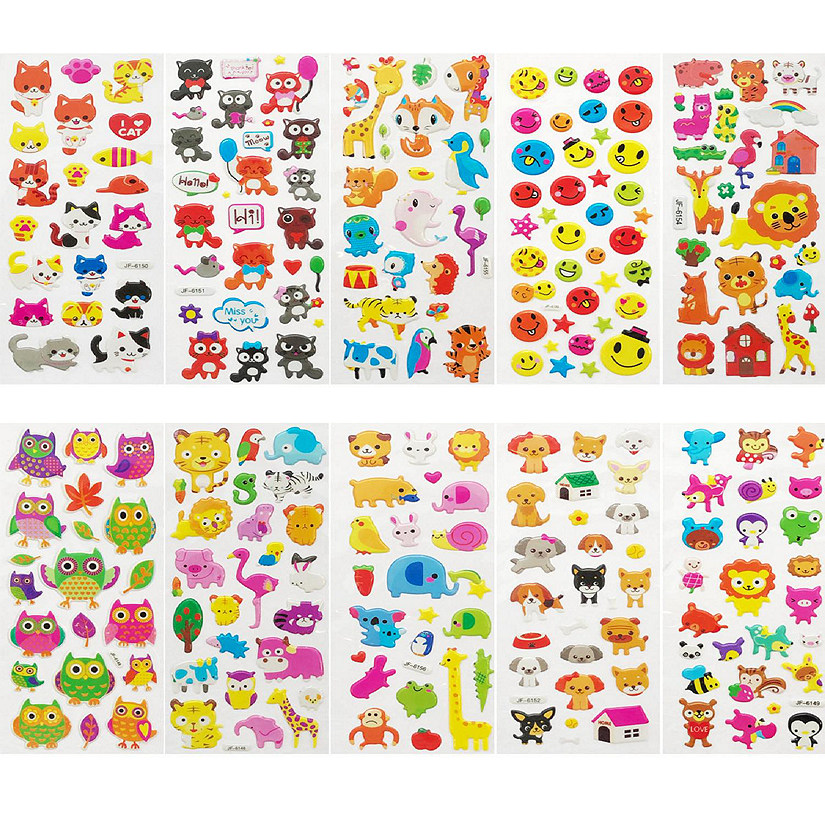 Wrapables 3D Puffy Stickers, Crafts & Scrapbooking Stickers (10 Sheets), Zoo Animals, Kitties, Doggies, Owls Image