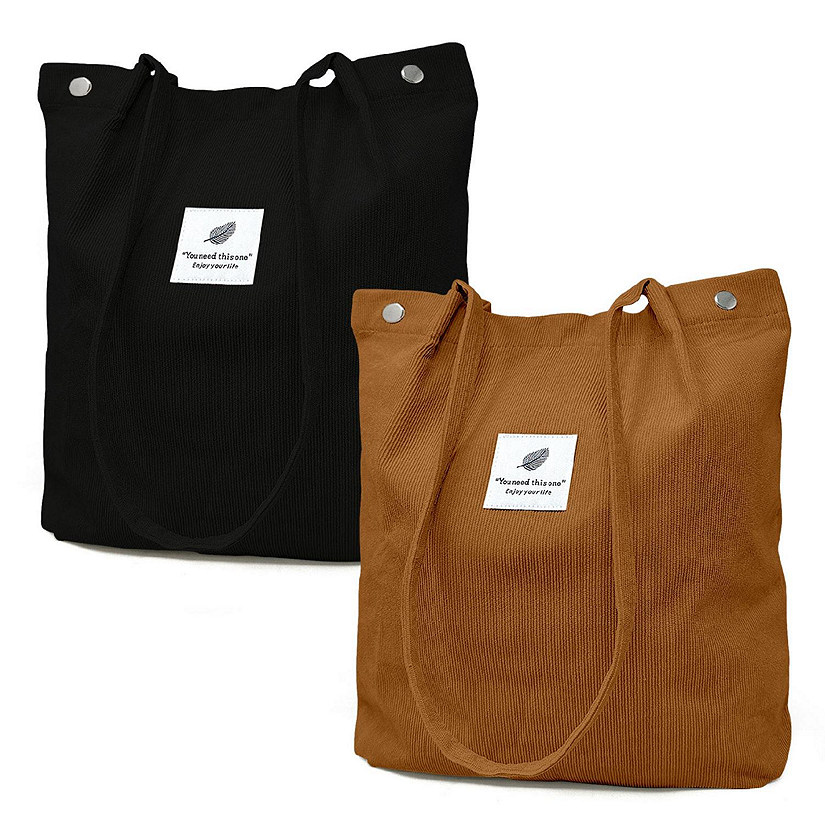 Wrapables Black/Brown Corduroy Tote Bag, Casual Everyday Shoulder Handbag, 2pcs Image