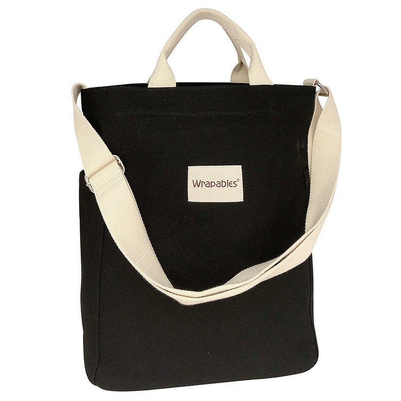 Wrapables Black Canvas Tote Bag for Women, Casual Cross Body Shoulder Handbag Image