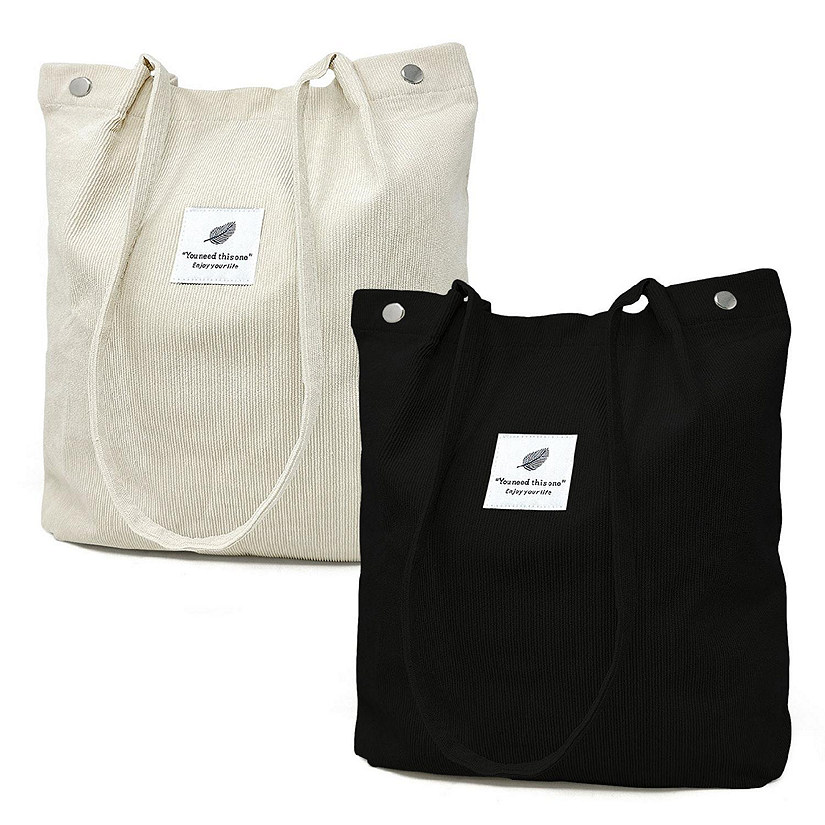 Wrapables Black/Cream Corduroy Tote Bag, Casual Everyday Shoulder Handbag, 2pcs Image