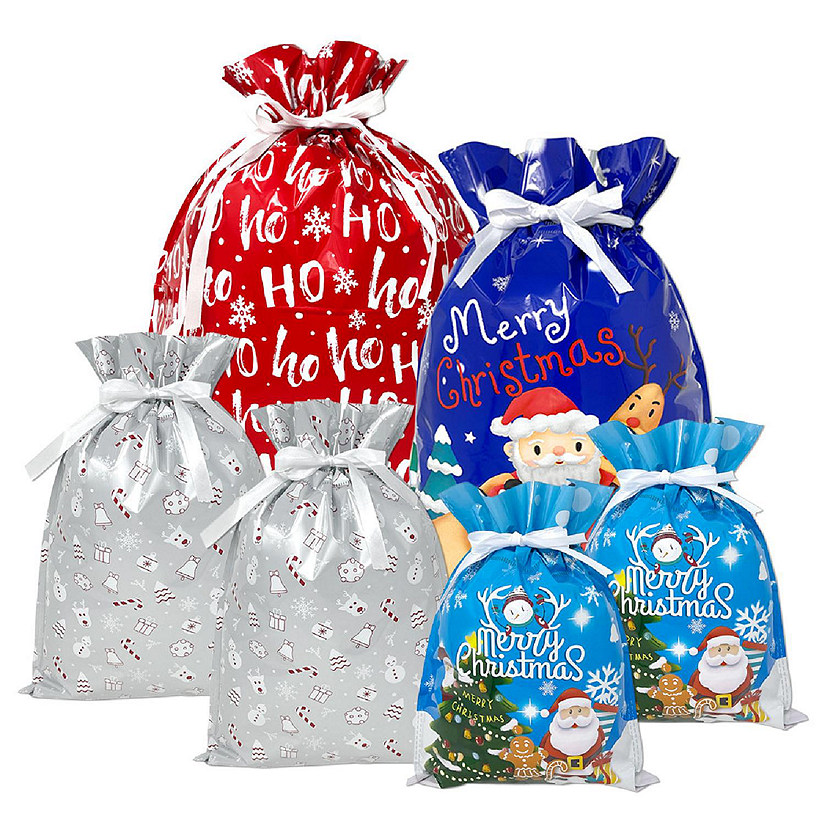Wrapables Blue & Silver Aluminum Foil Holiday Drawstring Christmas Gift Bags (Set of 6) Image