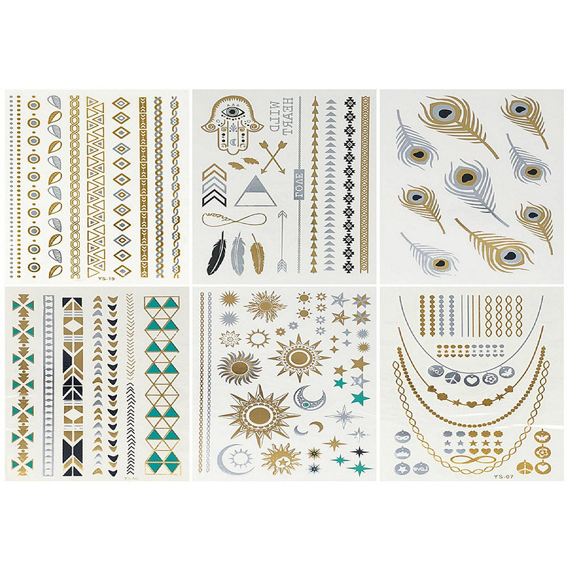 Wrapables&#194;&#174; Celebrity Inspired Temporary Tattoos in Metallic Gold Silver and Black (6 Sheets), Large, Feathers & Stars Image