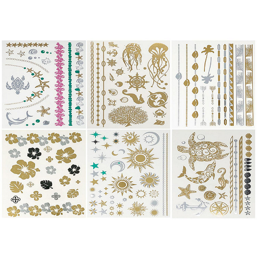 Wrapables&#174; Celebrity Inspired Temporary Tattoos in Metallic Gold Silver and Black (6 Sheets), Large, Marine Animals Image