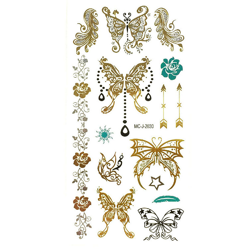 Wrapables Celebrity Inspired Temporary Tattoos in Metallic Gold Silver and Black, Medium, Fairy Butterfly Image