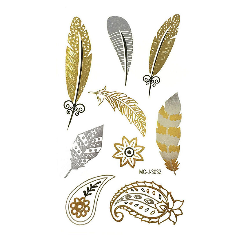 Wrapables Celebrity Inspired Temporary Tattoos in Metallic Gold Silver and Black, Small, Feathers Image