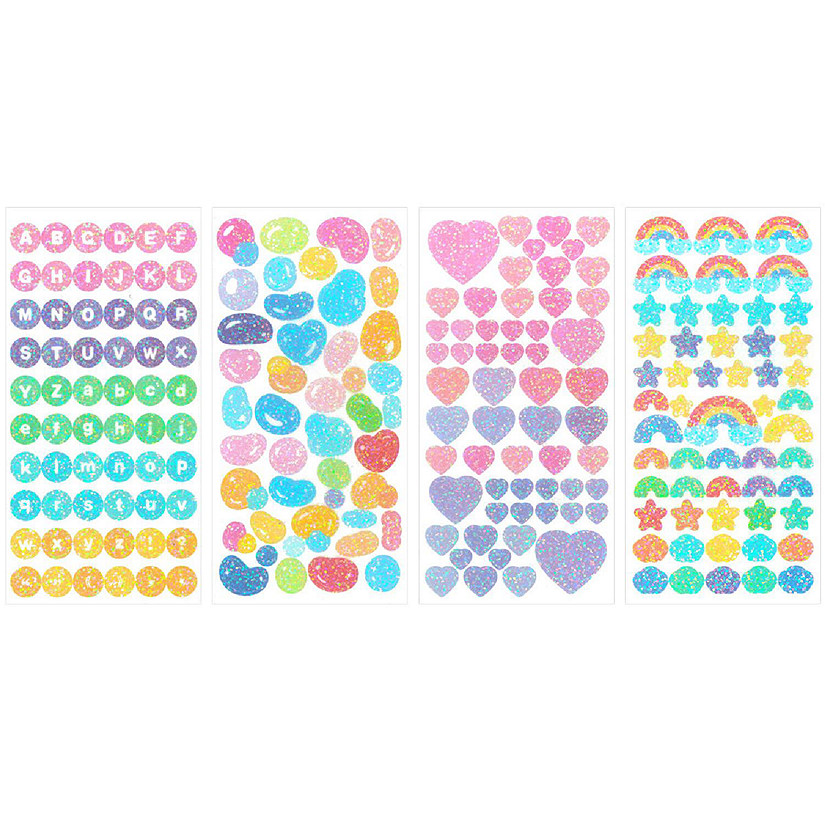 Wrapables Colorful Decorative Stickers for Scrapbooking, 4 Sheets, Glitter Hearts, Jelly Beans, Letters Image