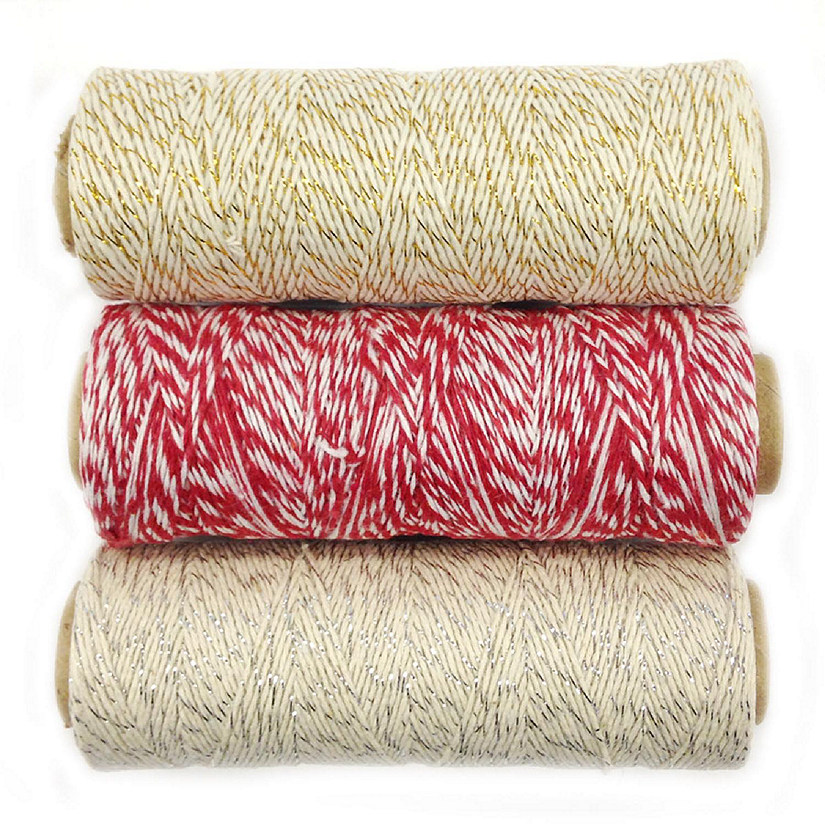 Wrapables Cotton Baker's Twine 4ply 330 Yards (Set of 3 Spools x 110 Yards) ( Metallic Gold, Red, Metallic Silver) Image