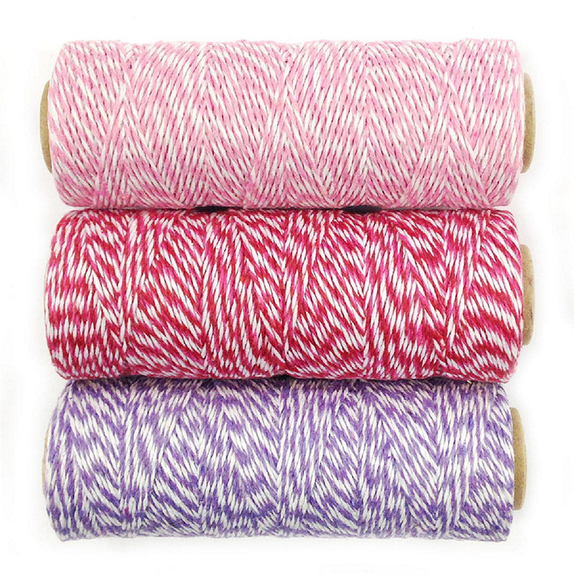 Wrapables Cotton Baker's Twine 4ply 330 Yards (Set of 3 Spools x 110 Yards) (Pink, Red & Hot Pink, Lavender) Image