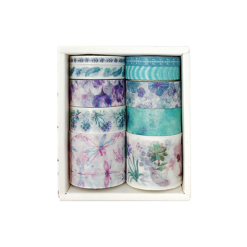 Wrapables Decorative Washi Tape Box Set (10 Rolls), Teal & Purple Floral Image