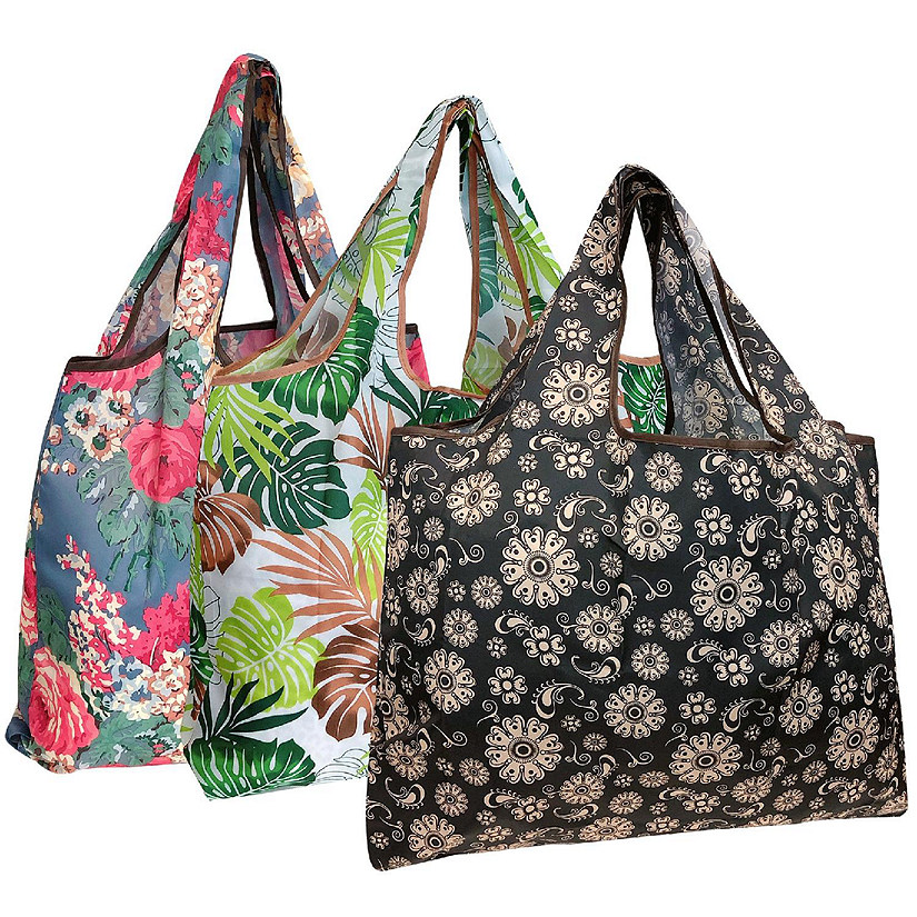 Wrapables Eco-Friendly Large Nylon Reusable Shopping Bags (Set of 3), Blossoms & Ferns Image
