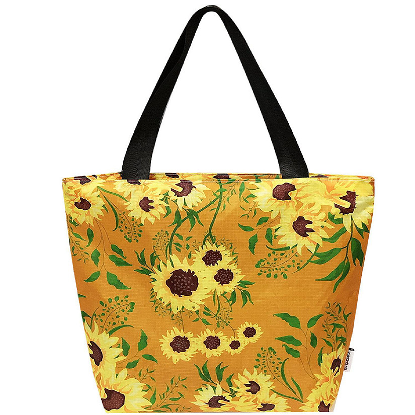 Wrapables Foldable Lightweight Tote Bag with Durable Ripstop Polyester for Shopping, Travel, Gym, Beach, Casual, Everyday, Large, Sunflowers Tan Image
