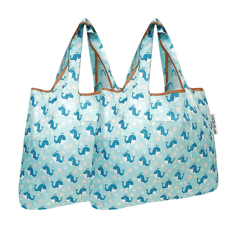 Wrapables Foldable Tote Nylon Reusable Grocery Bag (Set of 2), Blue Whales Image