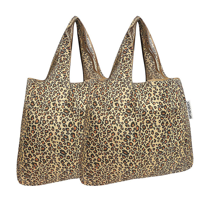 Wrapables Foldable Tote Nylon Reusable Grocery Bag (Set of 2), Leopard Print Image