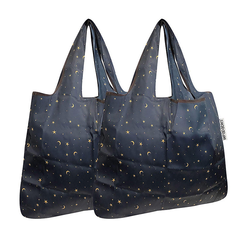 Wrapables Foldable Tote Nylon Reusable Grocery Bag (Set of 2), Moon & Stars Image