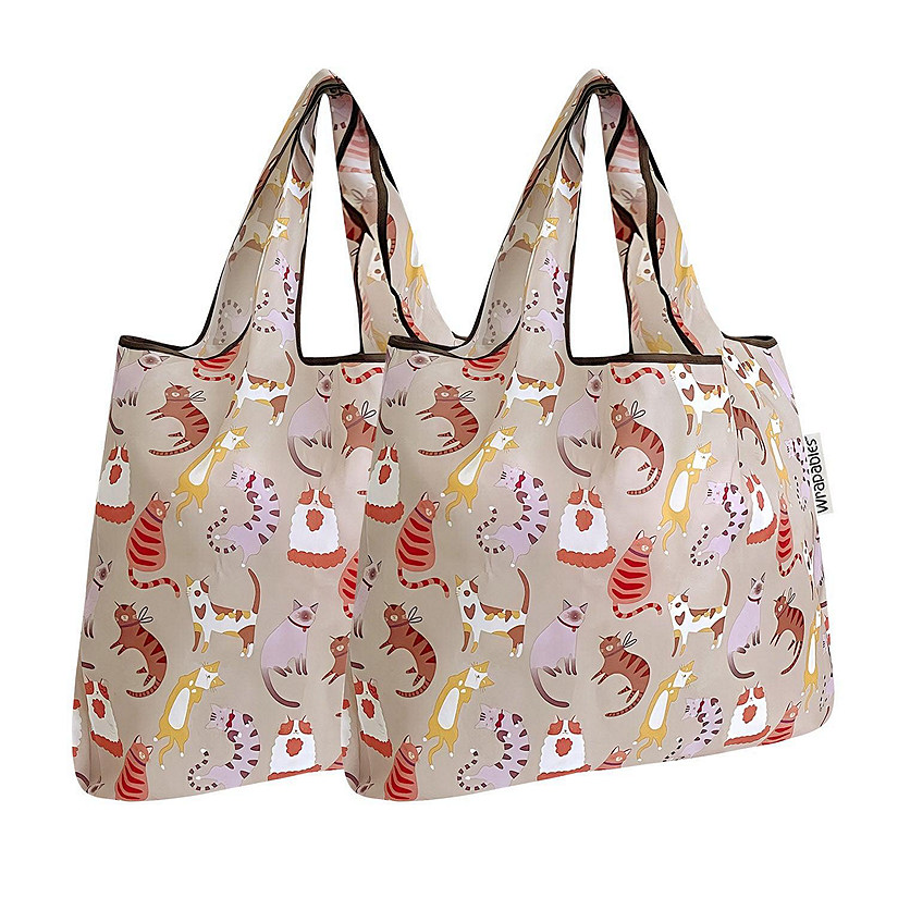 Wrapables Foldable Tote Nylon Reusable Grocery Bag (Set of 2), Neutral Felines Image
