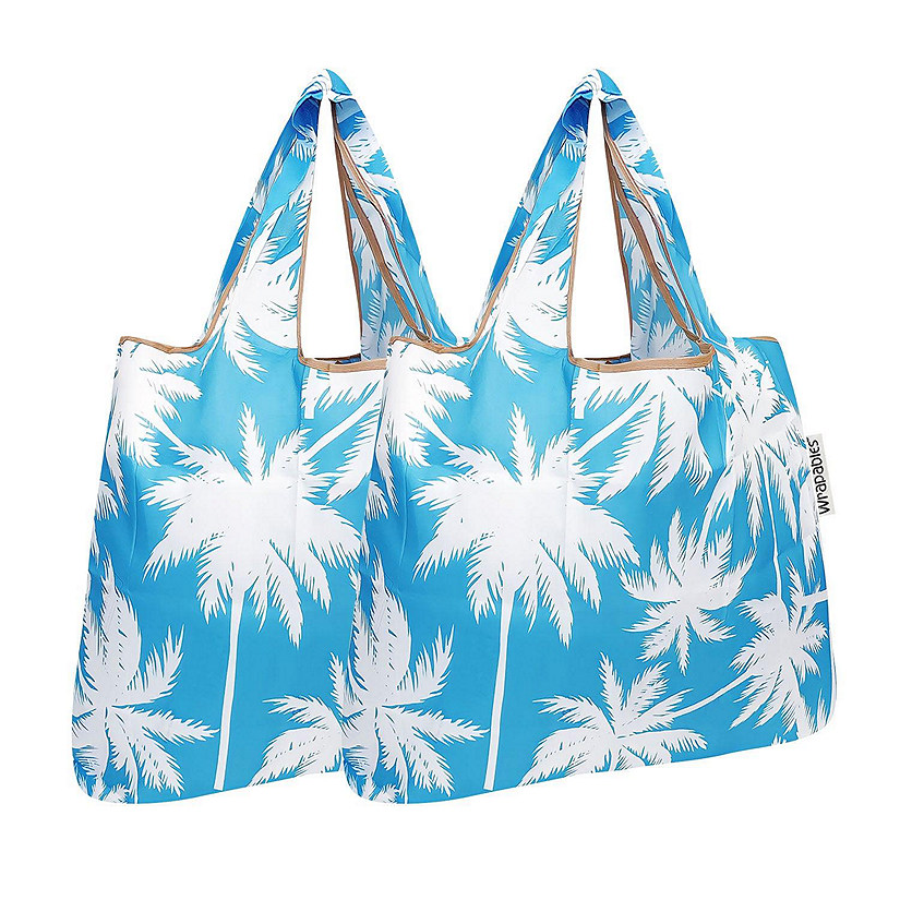 Wrapables Foldable Tote Nylon Reusable Grocery Bag (Set of 2), Palm Trees in Blue Image