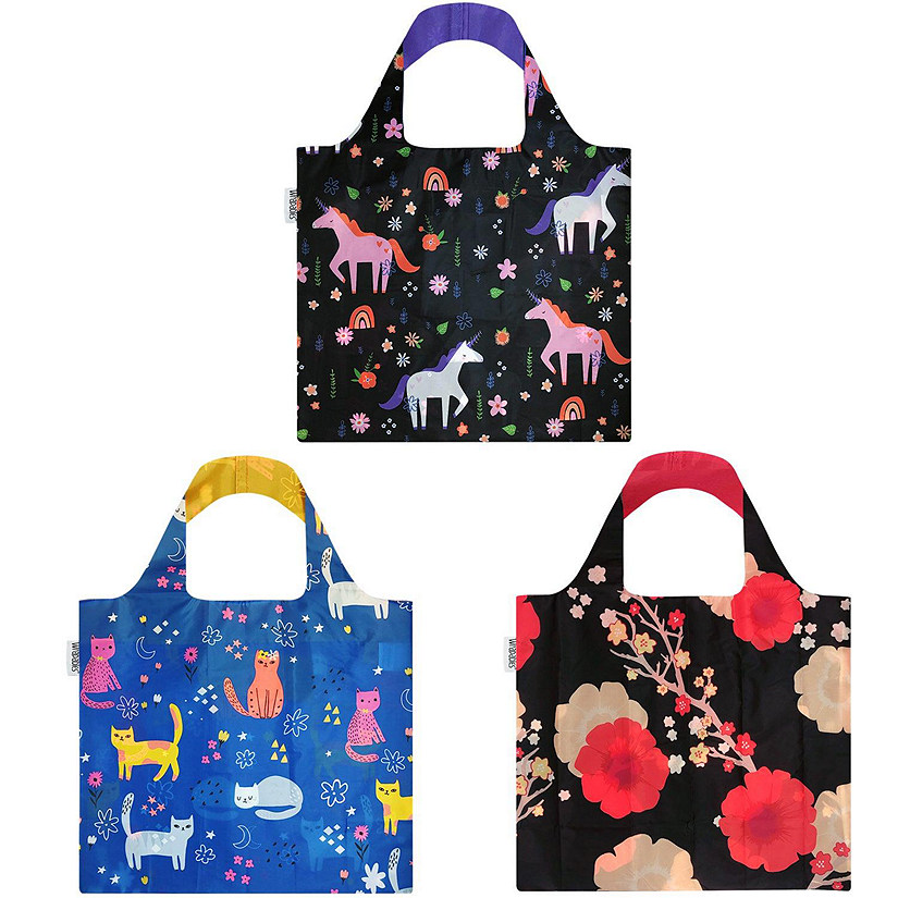 Wrapables Foldable Tote Reusable Grocery Bags, 3 Pack, Animals & Blossoms Image