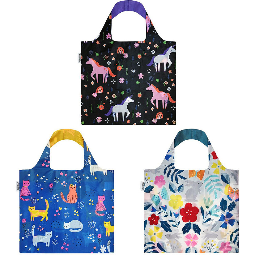 Wrapables Foldable Tote Reusable Grocery Bags, 3 Pack, Clever Animals Image