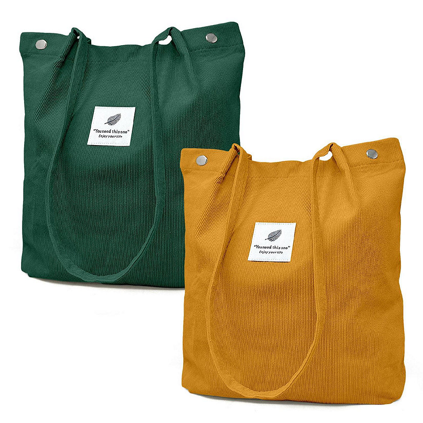 Wrapables Forest Green/Marigold Corduroy Tote Bag, Casual Everyday Shoulder Handbag, 2pcs Image