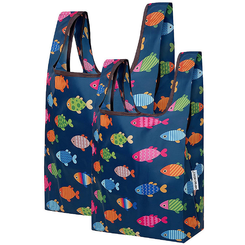 Wrapables JoliBag Nylon Reusable Grocery Bag, 2 Pack, Colorful Fish Image