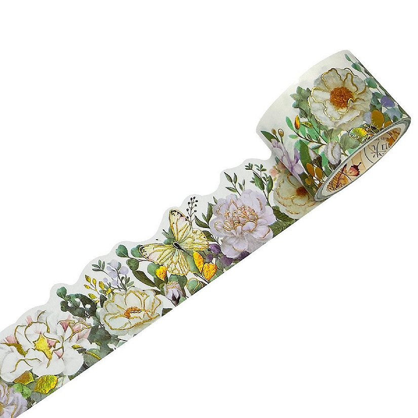 Wrapables Landscape Floral 30mm x 3M Metallic Gold Foil Washi Tape, Dreamy White Image
