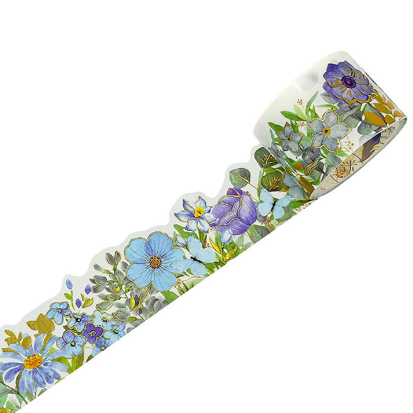 Wrapables Landscape Floral 30mm x 3M Metallic Gold Foil Washi Tape, Petite Blue Image