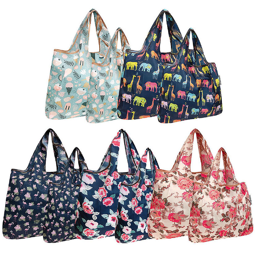 Wrapables Large & Small Foldable Tote Nylon Reusable Grocery Bags, Set of 10, Floral, Treats, Animals Image