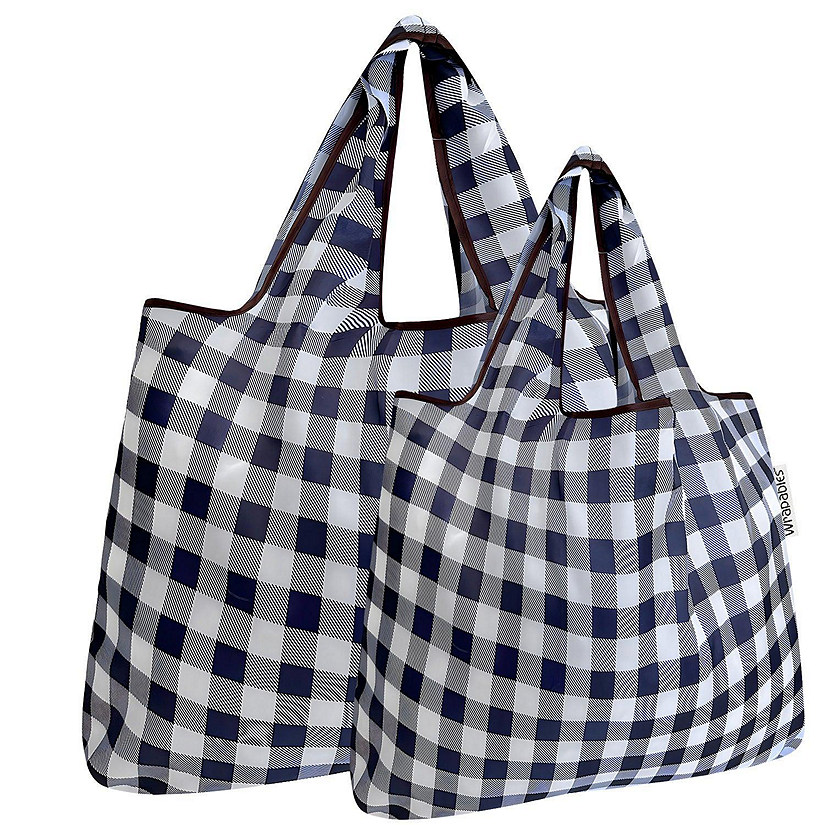 Wrapables Large & Small Foldable Tote Nylon Reusable Grocery Bags, Set of 2, Black Checkers Image