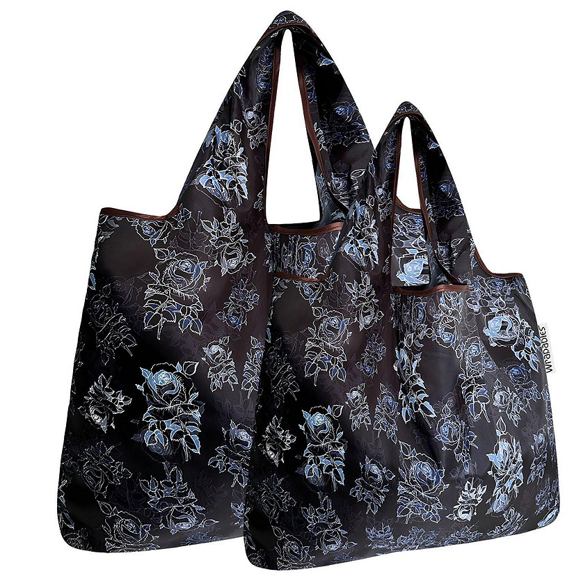 Wrapables Large & Small Foldable Tote Nylon Reusable Grocery Bags, Set of 2, Black Rose Shadow Image