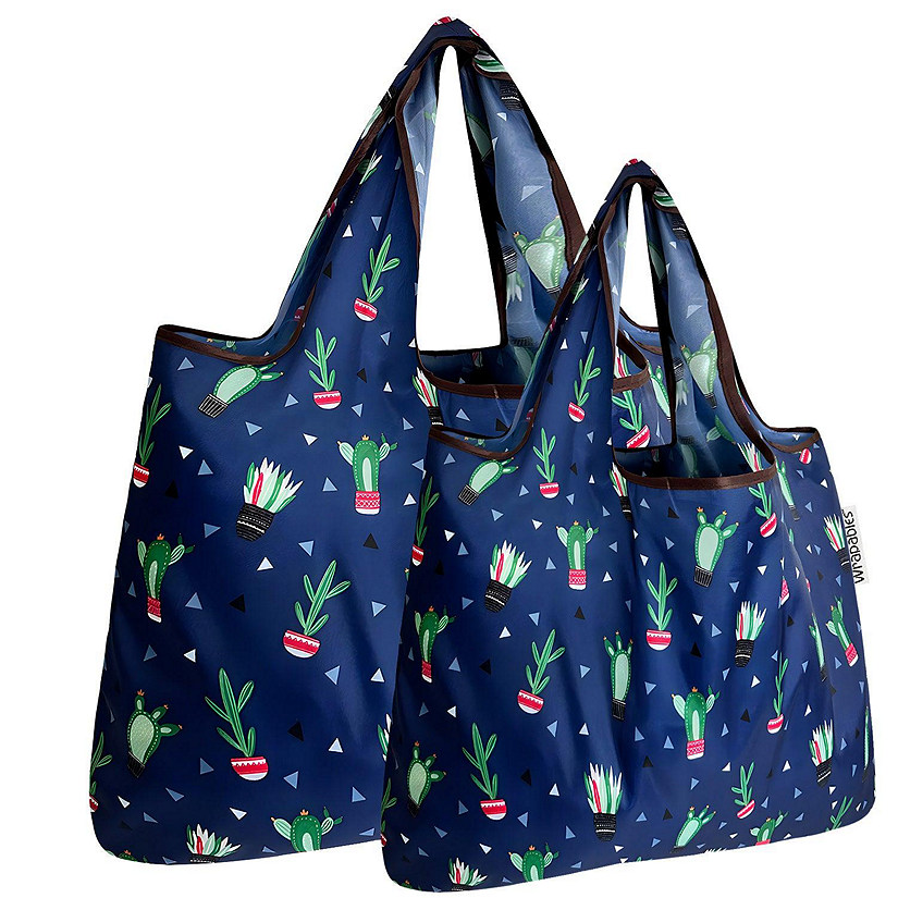 Wrapables Large & Small Foldable Tote Nylon Reusable Grocery Bags, Set of 2, Cactus Party Image