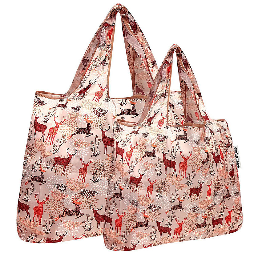 Wrapables Large & Small Foldable Tote Nylon Reusable Grocery Bags, Set of 2, Deer Image