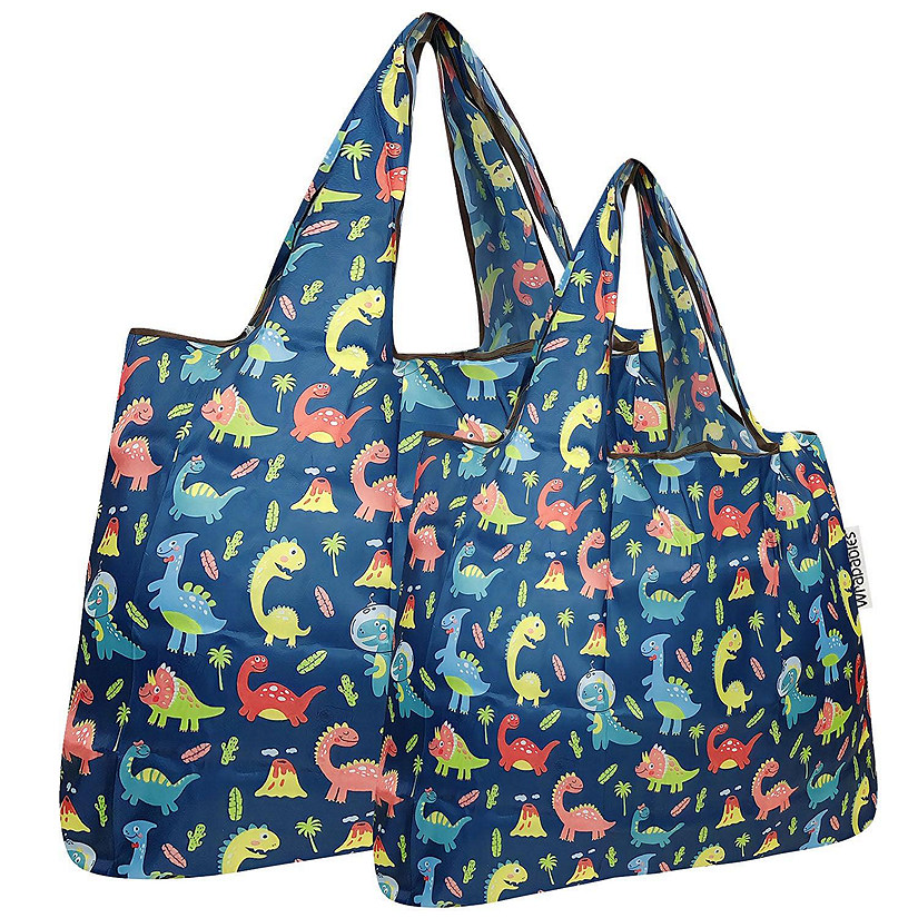 Wrapables Large & Small Foldable Tote Nylon Reusable Grocery Bags, Set of 2, Dinosaurs Image