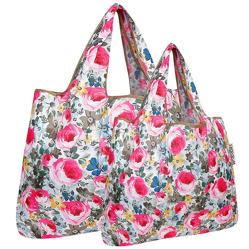 Wrapables Large & Small Foldable Tote Nylon Reusable Grocery Bags, Set of 2, Easter Floral Image