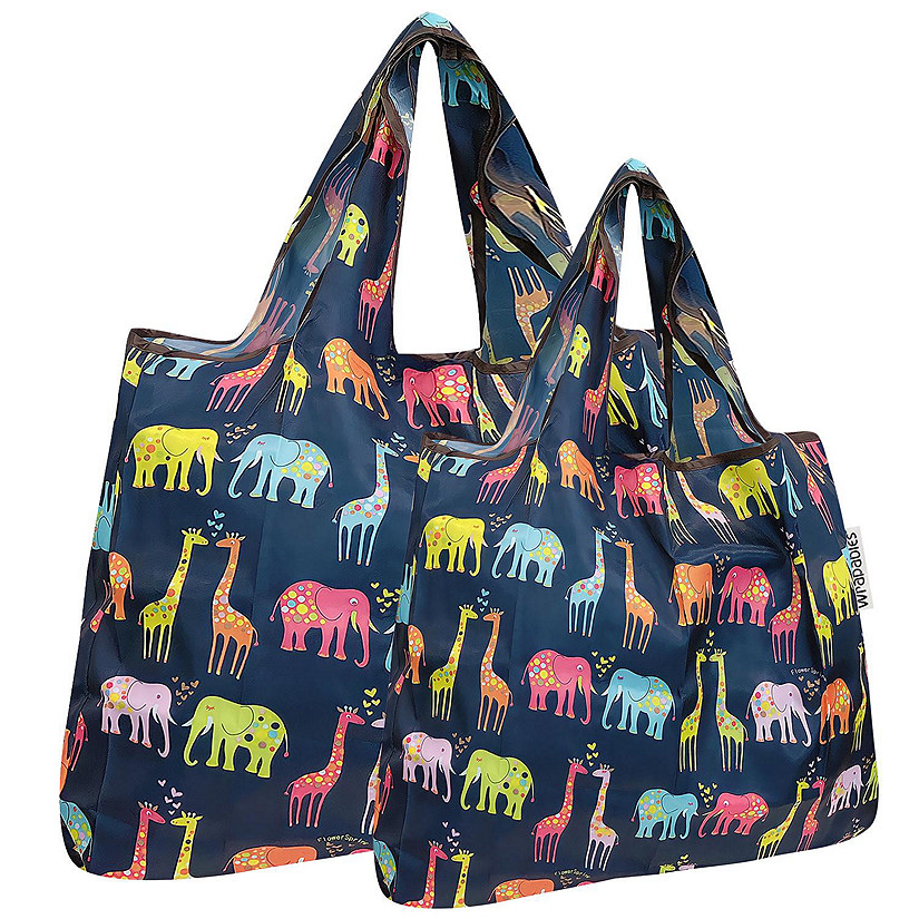 Wrapables Large & Small Foldable Tote Nylon Reusable Grocery Bags, Set of 2, Elephants & Giraffes Image