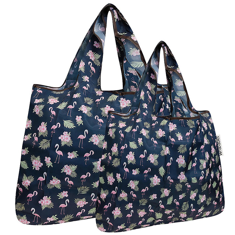 Wrapables Large & Small Foldable Tote Nylon Reusable Grocery Bags, Set of 2, Flamingoes & Floral Image