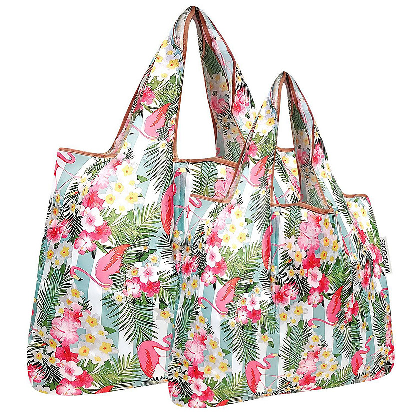 Wrapables Large & Small Foldable Tote Nylon Reusable Grocery Bags, Set of 2, Flamingos & Tropical Flowers Image