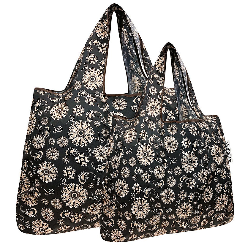 Wrapables Large & Small Foldable Tote Nylon Reusable Grocery Bags, Set of 2, Floral Deco Image