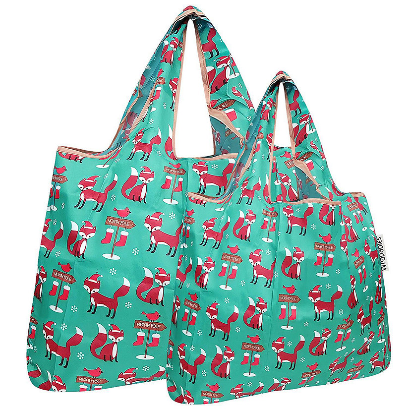Wrapables Large & Small Foldable Tote Nylon Reusable Grocery Bags, Set of 2, Foxes Image