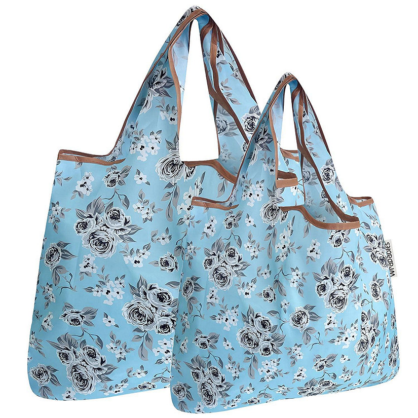 Wrapables Large & Small Foldable Tote Nylon Reusable Grocery Bags, Set of 2, Gray Floral Image