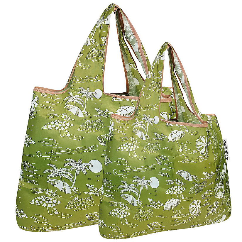 Wrapables Large & Small Foldable Tote Nylon Reusable Grocery Bags, Set of 2, Green Paradise Image
