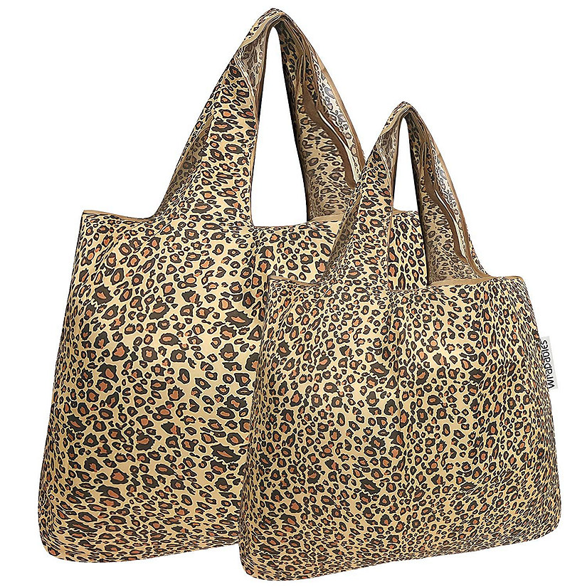 Wrapables Large & Small Foldable Tote Nylon Reusable Grocery Bags, Set of 2, Leopard Print Image