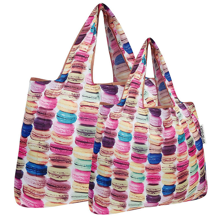 Wrapables Large & Small Foldable Tote Nylon Reusable Grocery Bags, Set of 2, Macarons Image