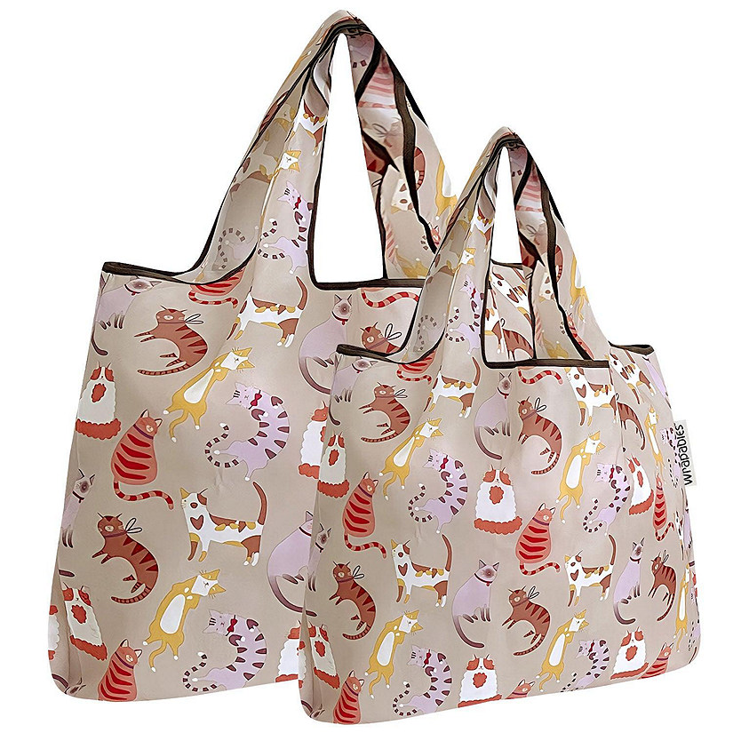 Wrapables Large & Small Foldable Tote Nylon Reusable Grocery Bags, Set of 2, Neutral Felines Image