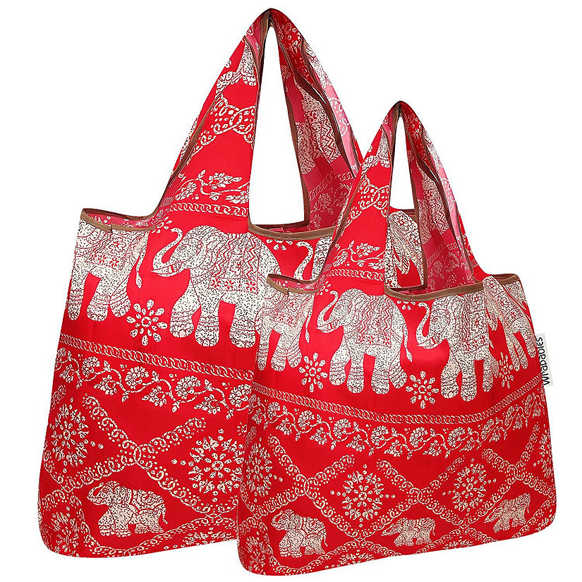 Wrapables Large & Small Foldable Tote Nylon Reusable Grocery Bags, Set of 2, Regal Elephants Image