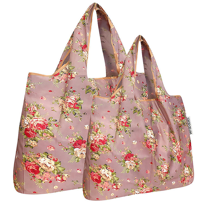 Wrapables Large & Small Foldable Tote Nylon Reusable Grocery Bags, Set of 2, Roses on Khaki Image