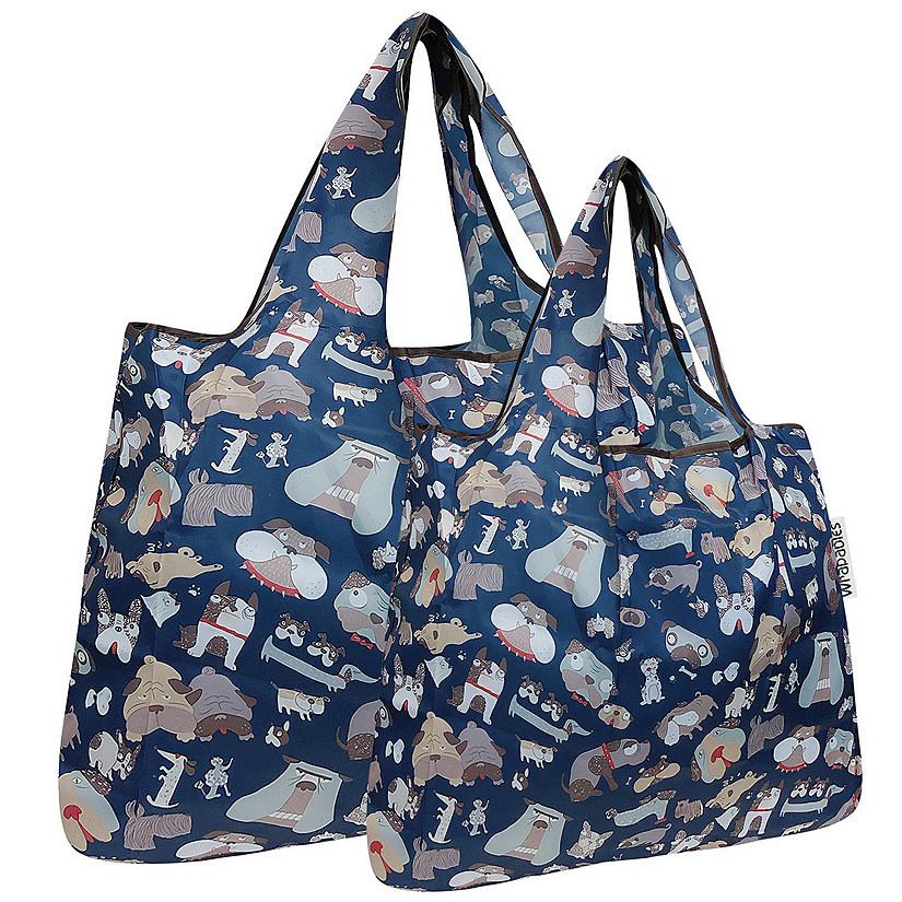 Wrapables Large & Small Foldable Tote Nylon Reusable Grocery Bags, Set of 2, Silly Dogs Image