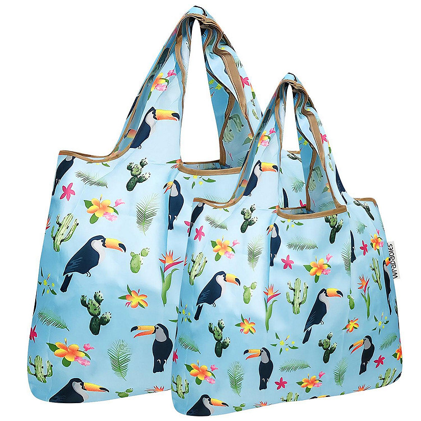 Wrapables Large & Small Foldable Tote Nylon Reusable Grocery Bags, Set of 2, Toucan & Cacti Image