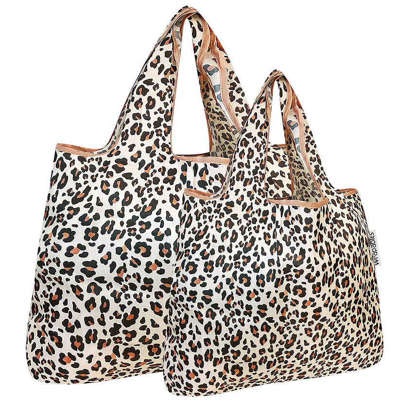 Wrapables Large & Small Foldable Tote Nylon Reusable Grocery Bags, Set of 2, Wild Cat Image